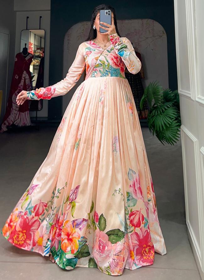 Tussar Silk Peach Traditional Wear Printed Readymade Gown